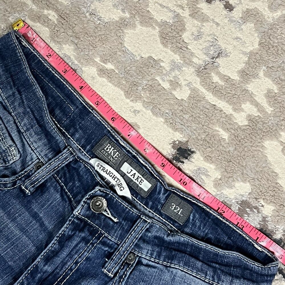 BKE Jake Straight Leg Jeans Mens 32Lx33 Blue Whiskered Stretch Denim Buckle - Picture 10 of 12